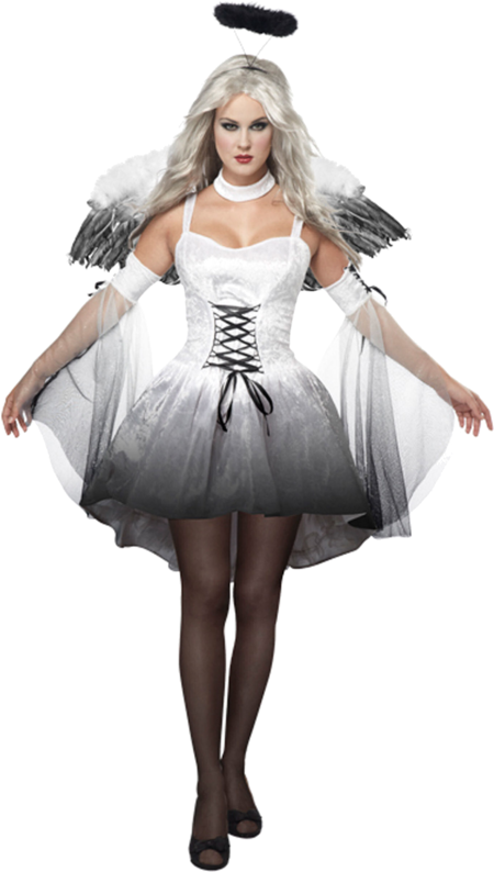 Ladies Animal Fancy Dress Tutu With Ears Bow Tail Set - White Fallen Angel Costume (500x793), Png Download