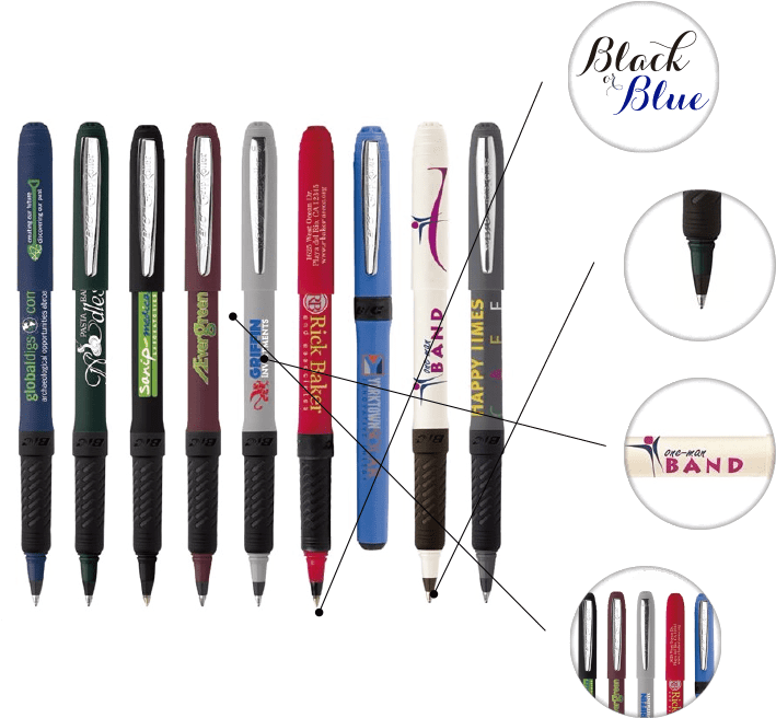 Black Or Blue Ink - Printed Bic Grip Roller Pens - Sample (873x667), Png Download
