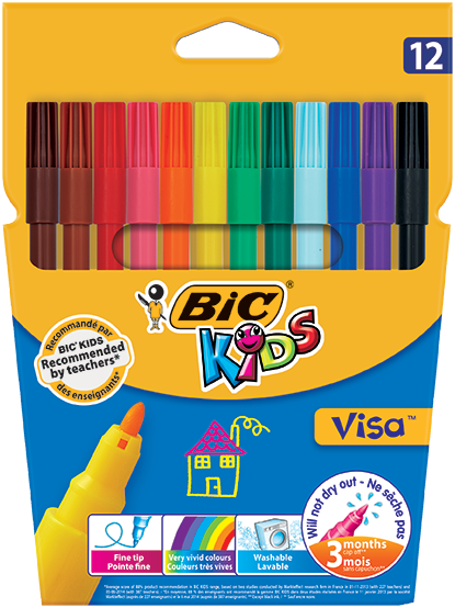 Visa™ Felt Pens 12 Colors - Bic Kids Visa 12 Felt Tip Pens (415x554), Png Download