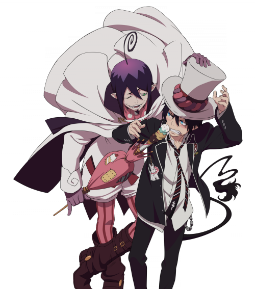 Rin Wears A White Shirt, With A Perfect Necktie As - Blue Exorcist Mephisto And Rin (500x567), Png Download