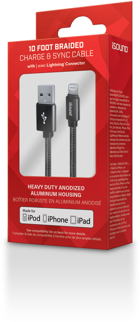 Isound Lightning Cable 10ft Charge Sync Braided Apple (1200x1200), Png Download