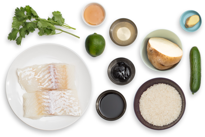 Tamarind-glazed Cod With Lime Rice & Cucumber Relish - Pecorino Romano (700x477), Png Download