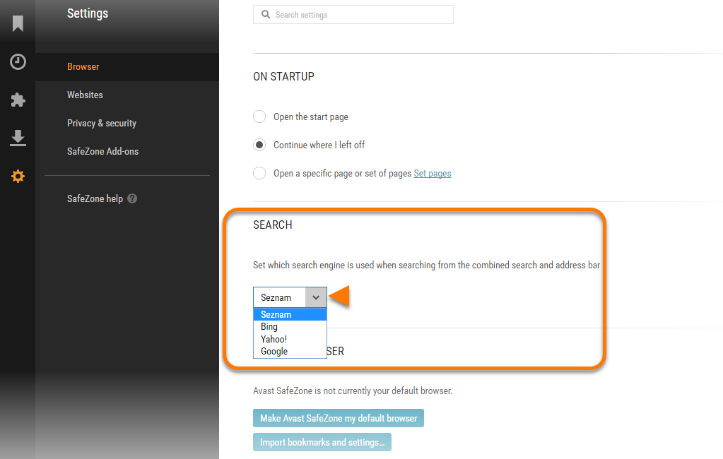 Click The Down-facing Arrow In The Search Section To - Avast Secure Browser Settings (1023x650), Png Download