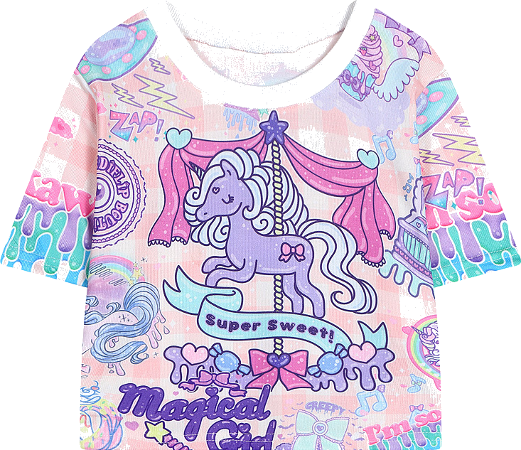 Harajuku Unicorn Bare Midriff Short T Shirt Grils Basic (733x633), Png Download