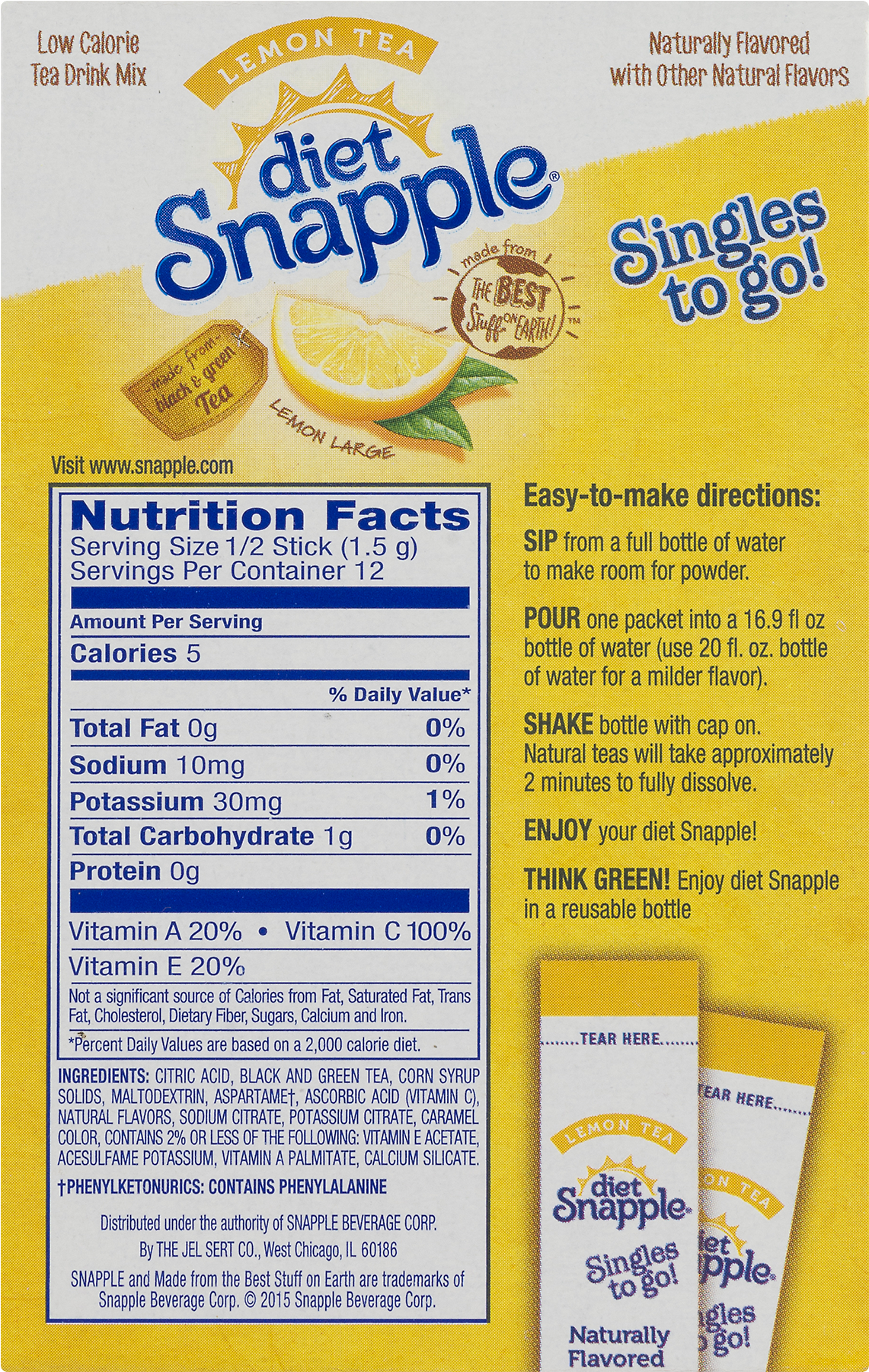 Diet Snapple Drink Mix, Lemon Tea, 6 On The Go Sticks, - Diet Snapple Lemon Tea Singles To Go! (6pk) (1800x1800), Png Download