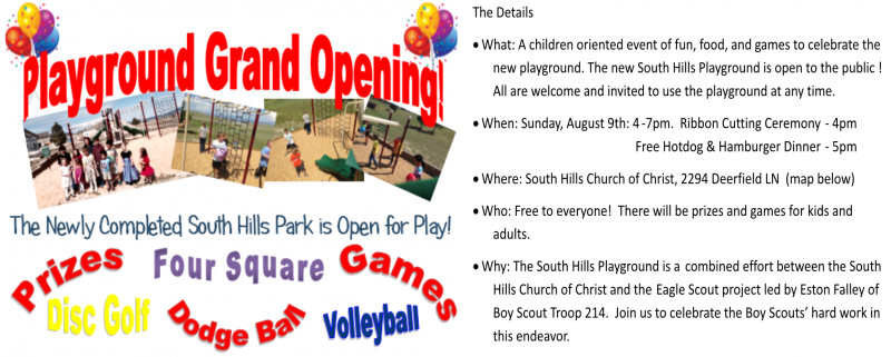 Grand Opening South Hills Playground - South Hills Church Of Christ (800x321), Png Download