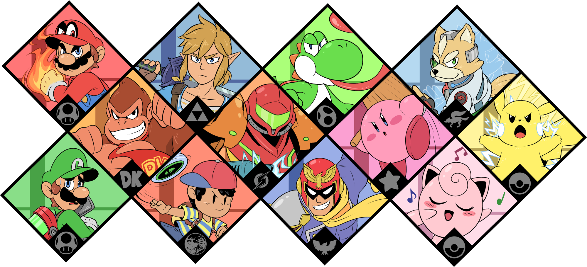 Smash 64drawing All The Smash Fighters In The Series - Original Super Smash Bros Ultimate Characters (2000x911), Png Download