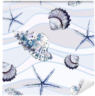 Seamless Marine Pattern With Shells And Starfish On - Sfondo Marino Bianco (400x400), Png Download