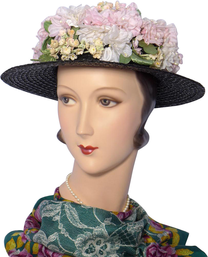 Vintage 1940s Gage Brothers Black Straw Boater Style - Hat (1001x1001), Png Download