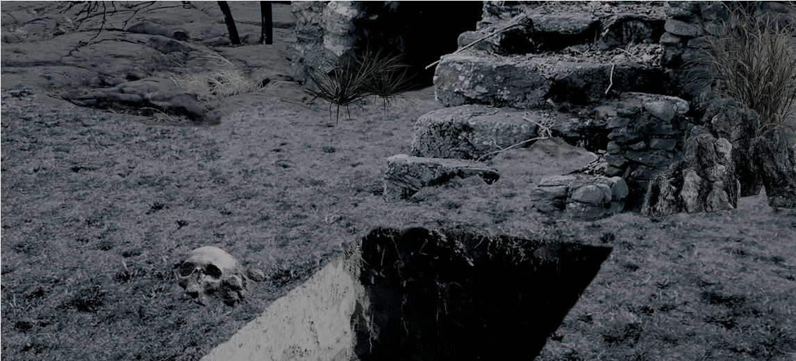 Black And White Picture Of Skull And Grave - Stone Wall (1545x520), Png Download