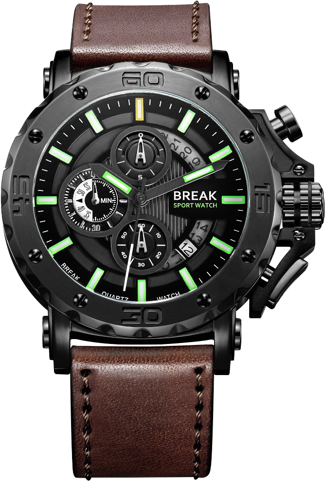 Break Brown Leather Strap - Break Men Luxury Sport Military Leather Chronograph (1000x1000), Png Download