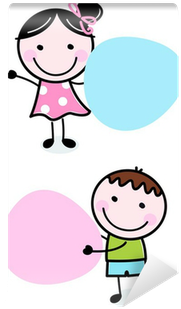 Doodle Boy And Girl Holding Blank Banners Wall Mural - Illustration (400x400), Png Download