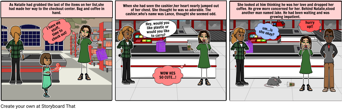 Natalie And The Cute Cashier - Cartoon (1164x385), Png Download