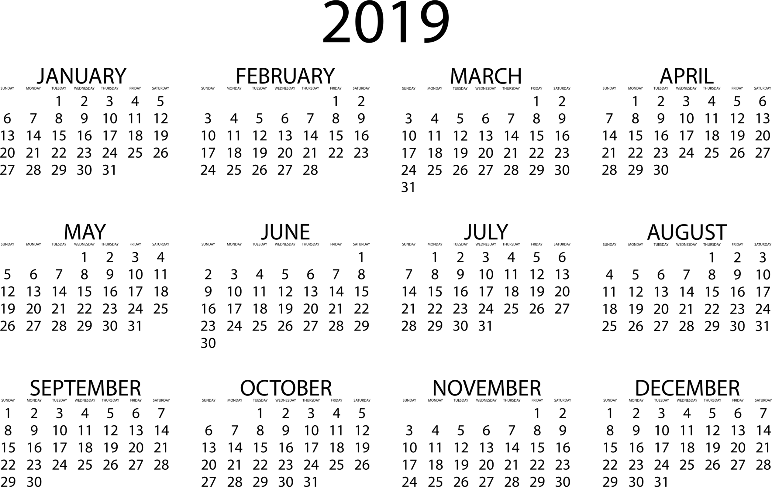2019 Calendar Transparent 01s - Printable 2019 Yearly Calendar (2540x1603), Png Download