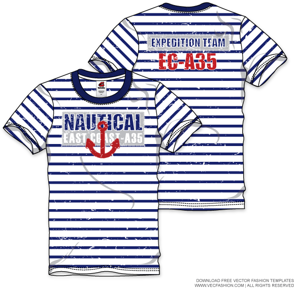 Mens Nautical Round Neck T Shirt Vector Template - T-shirt (600x600), Png Download