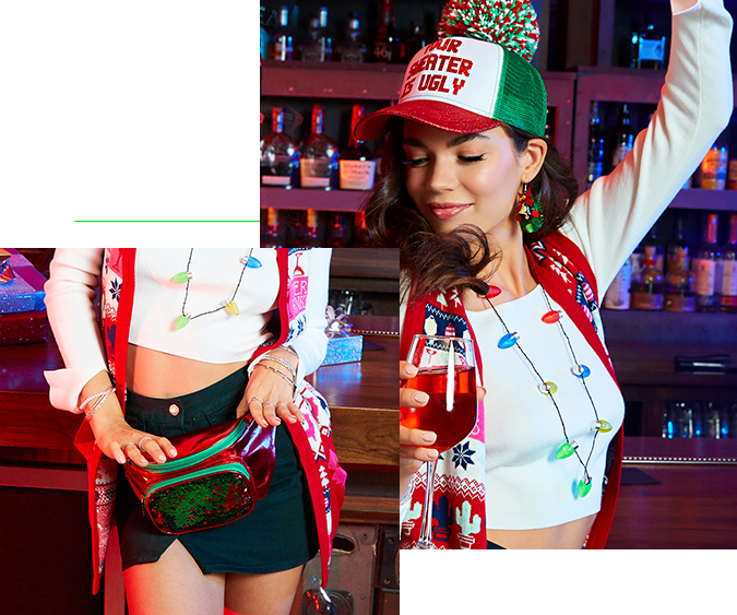 Festive Party Girl In Light Up Christmas Necklace And - Party (675x563), Png Download