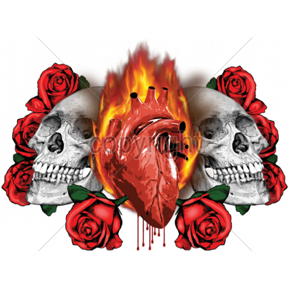 2 Skulls Flaming Heart - T Shirt Royal Blue Gothik Tattoo Greaser (420x420), Png Download