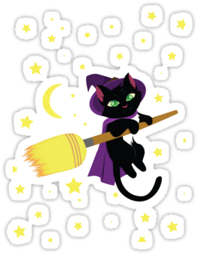 Flying Witch Cat Sticker - Cartoon (375x360), Png Download