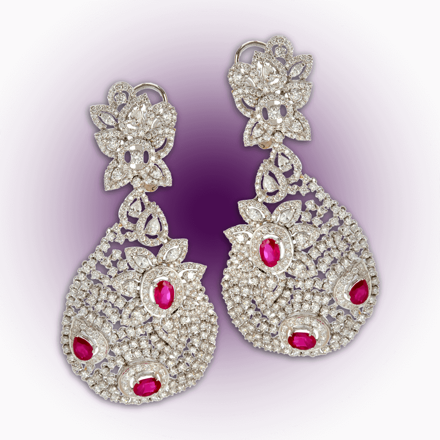 Elaborate Diamond Ruby Danglers - Earrings (885x885), Png Download