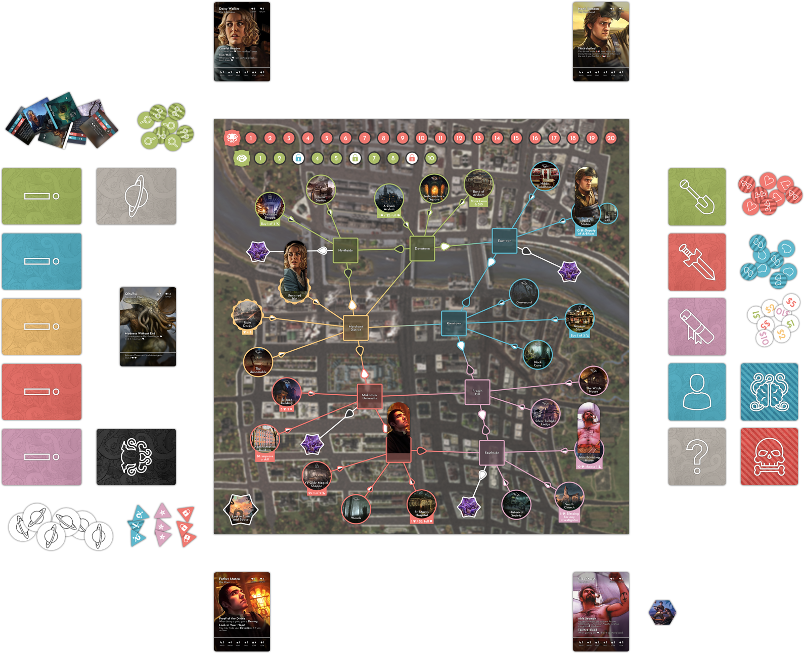 Layout Of Arkham Horror Revised Board Game Setup - Arkham Horror Board (1664x1292), Png Download