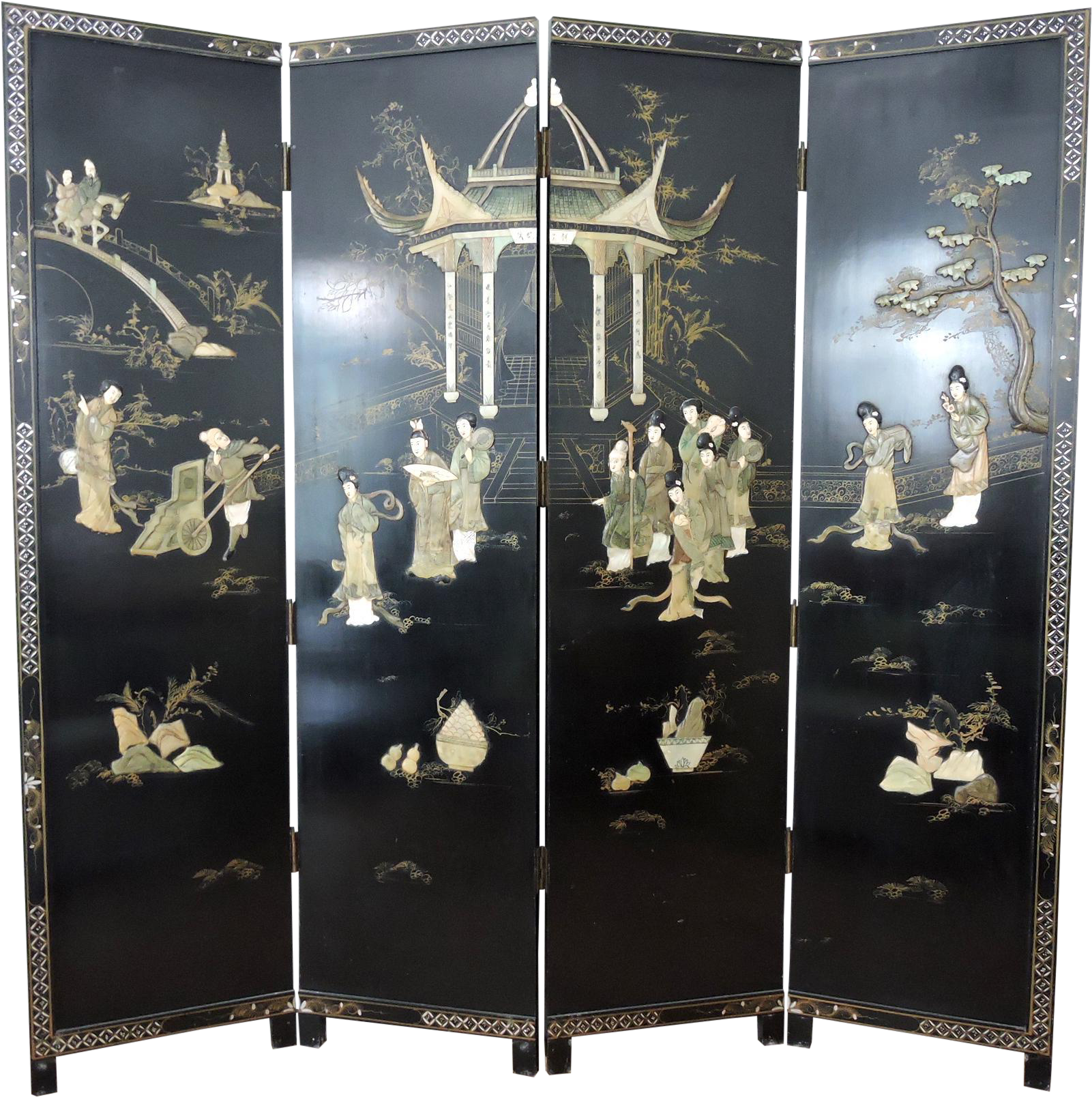 Antique Chinese Black Lacquer Jade Room Divider In - Lacquer (1778x1786), Png Download