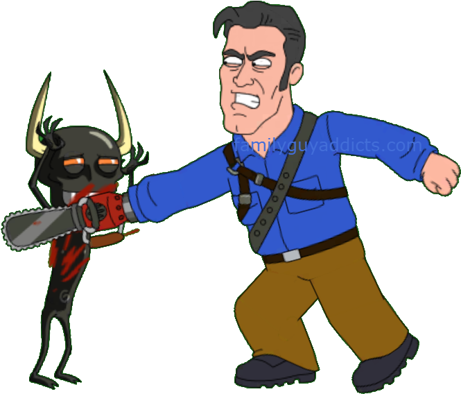 Ash Williams Have A Chainsaw Malfunction - Ash Williams Family Guy (671x573), Png Download
