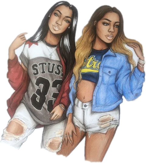Girls Drawing Black Girls (480x537), Png Download