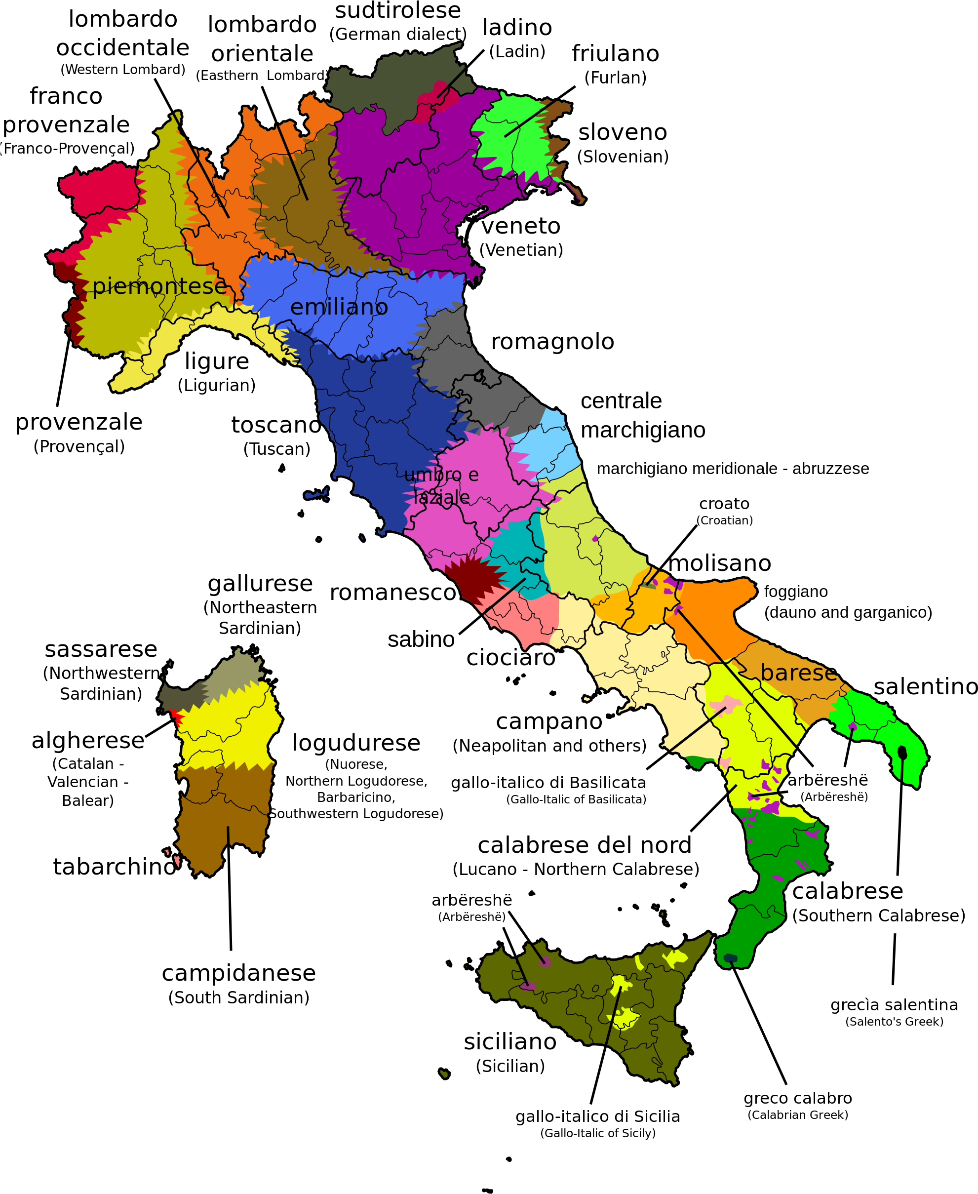 Linguistic Map Of Italy - Languages Spoken In Italy (2000x2500), Png Download
