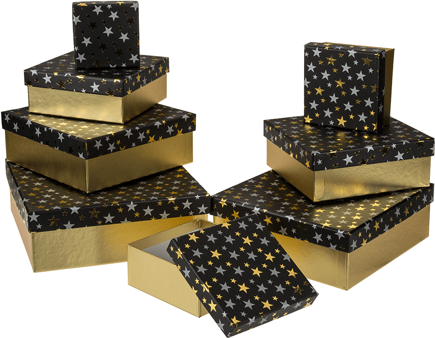Caja De Regalo Negra Con Estrellas Plateadas/doradas - Caja Negra Con Estrellas (945x709), Png Download