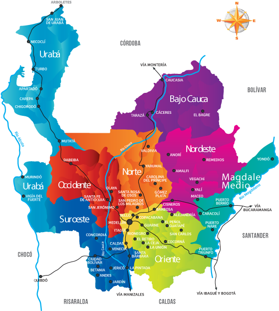 Antioquia Colombia Map - Mapa Antioquia Con Municipios (569x626), Png Download