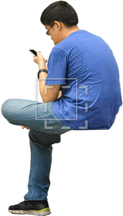 Guy In A Blue Shirt Checking His Phone While Sitting - Person Sitting Using Phone (450x450), Png Download