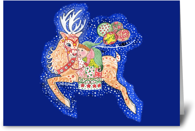Elf Riding Christmas Reindeer Greeting Card - Reindeer And Santa's Helper Card (848x698), Png Download