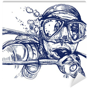 Alarmed By The Diver, Hand Drawing Converted To Vector - Scuba Diver Mask Black Vinyl Sticker Wall Art (400x400), Png Download