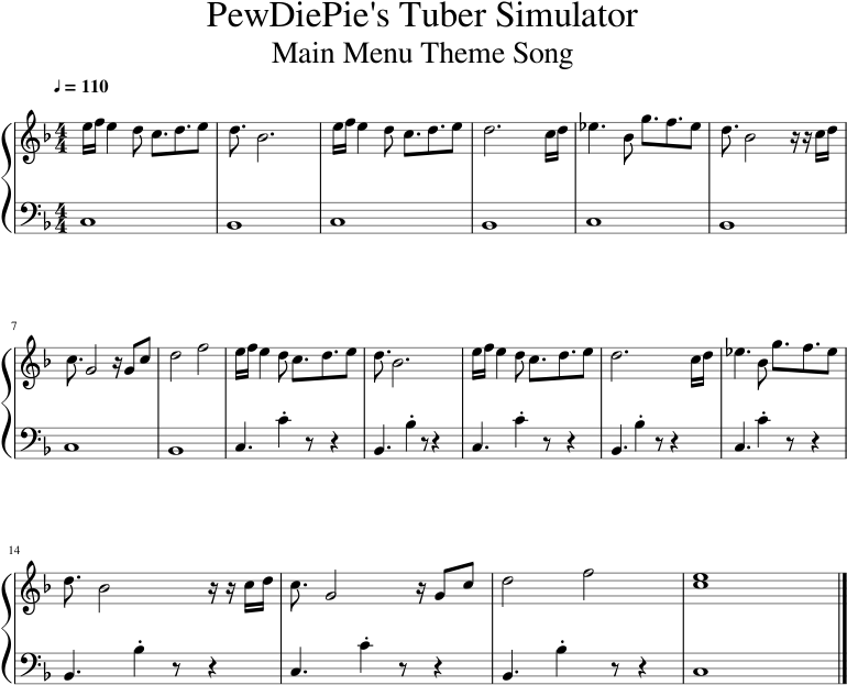 Pewdiepie's Tuber Simulator Main Menu Theme Song Sheet - Pewdiepie Piano Song Sheet Music (850x1100), Png Download