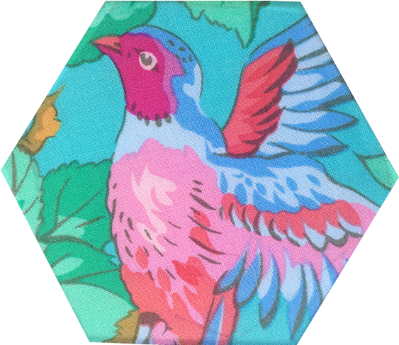 Hexagon Shaped Piece Of Fabric With A Colourful Bird - Textile (568x496), Png Download