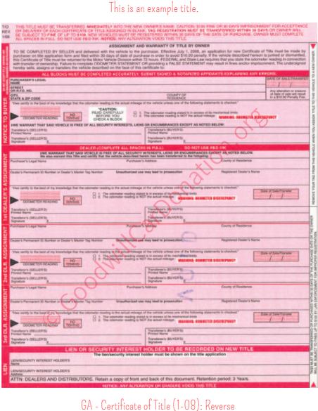 Ga Certificate Of Title 1 08 Reverse - Document (640x640), Png Download
