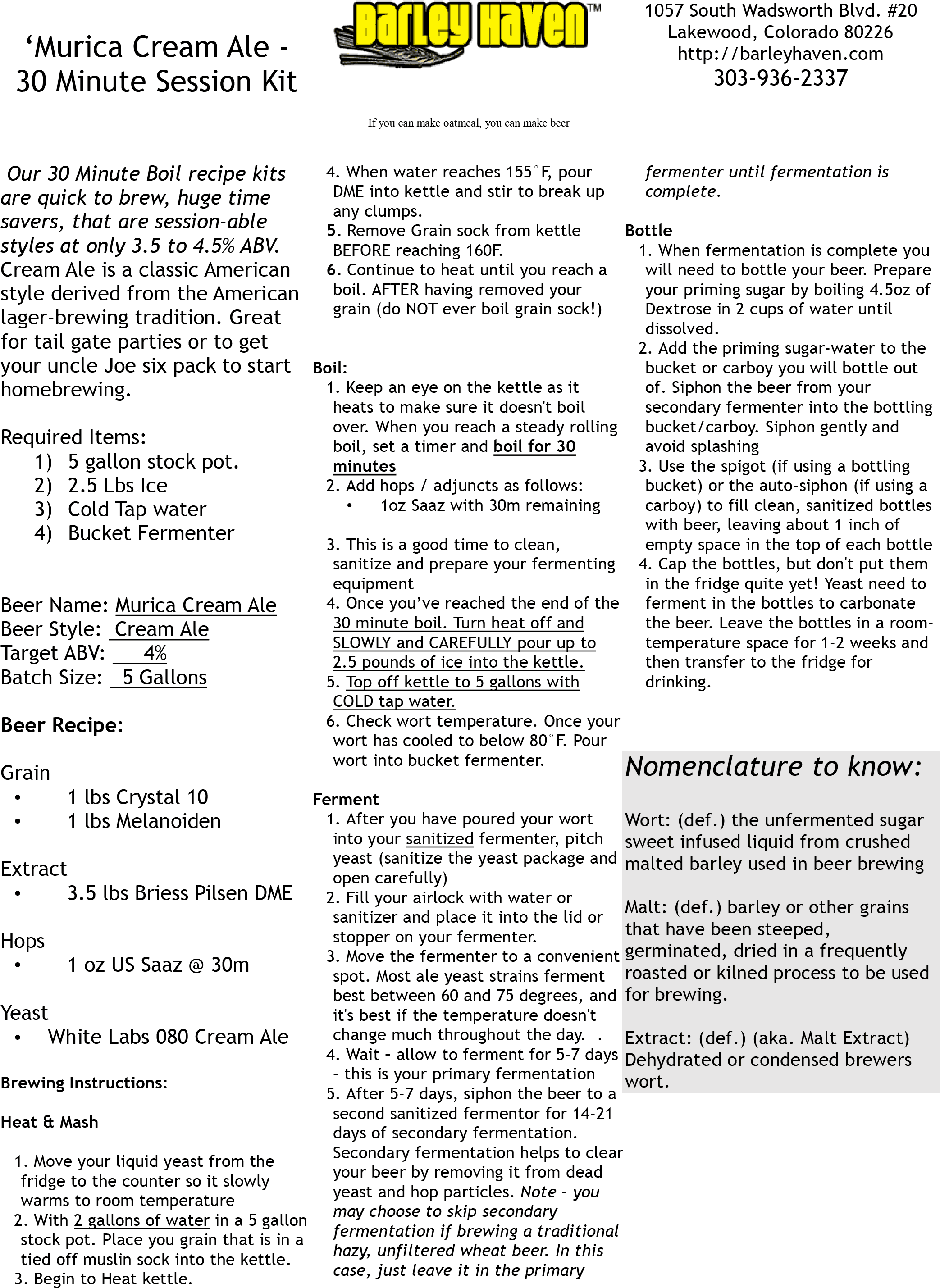 Cream Ale Beer Brewing Recipe Instruction Sheet - Document (2189x3069), Png Download