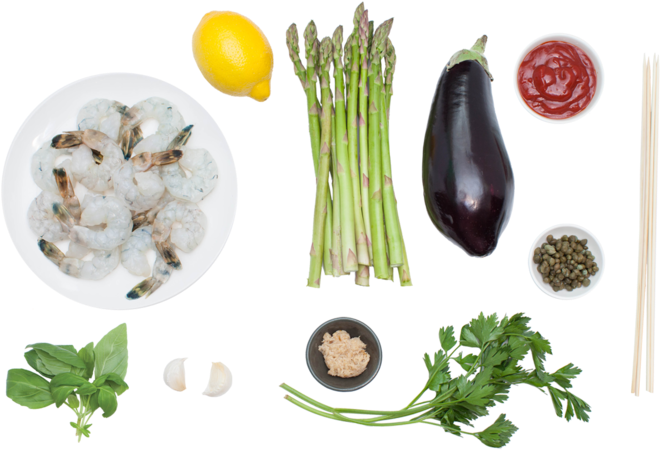 Grilled Shrimp Cocktail With Eggplant Caponata & Asparagus - Prawn Cocktail (700x477), Png Download
