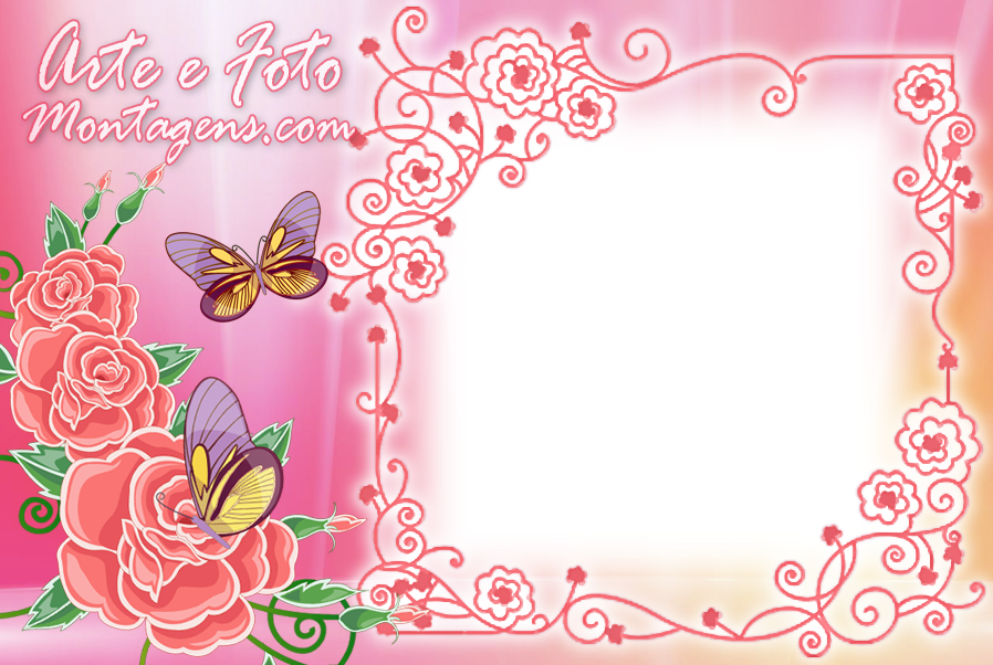 Borboletas E Rosas Pink - Moldura Com Rosas Rosa (898x602), Png Download