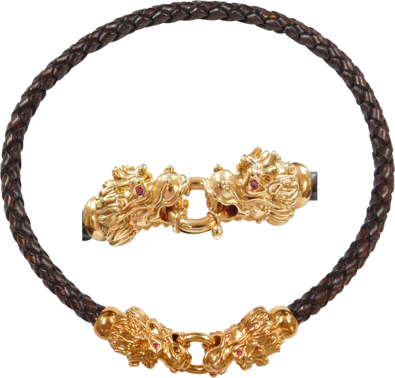 18k Yellow Gold Dragon Brown Braided Leather Cord Necklace - Necklace (1370x1370), Png Download