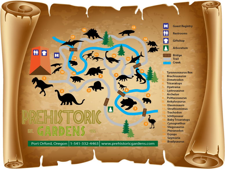 Prehistoric Gardens Park Map On Scroll Image - Port Orford Prehistoric Gardens Oregon Coast (792x612), Png Download