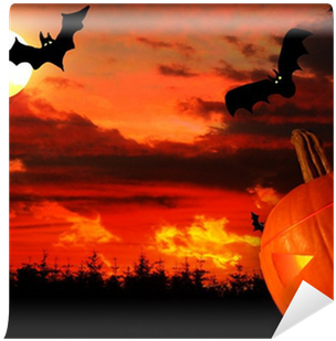 Halloween Background With Flying Bats And Evil Pumpkin - Halloween (400x400), Png Download