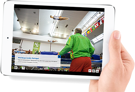 Human Hand Holding An Ipad Showing The Trampolonepics - Hands Holding Ipad Png (454x308), Png Download