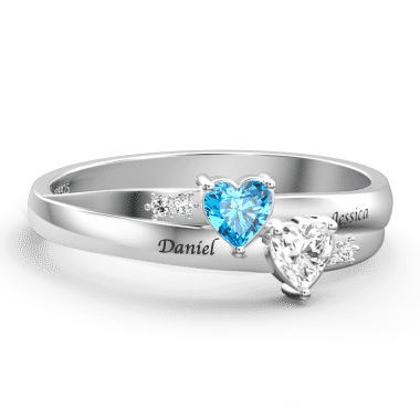 Engraved Double Heart Birthstone Promise Ring Silver - Pre-engagement Ring (380x380), Png Download