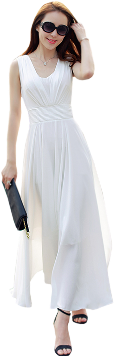 Women Waist Fitted Sleeveless Pleated Gown - Dress (410x1239), Png Download