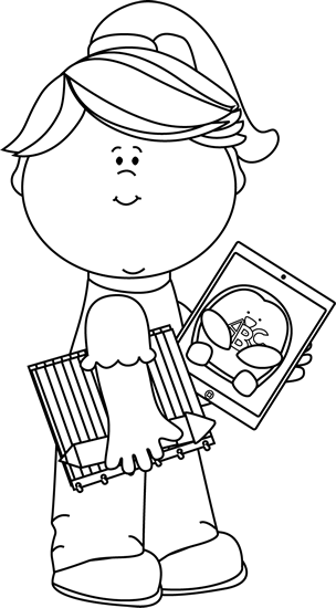 Black And White Girl With School Supplies And Tablet - Playing Guitar Clipart Black And White (304x550), Png Download