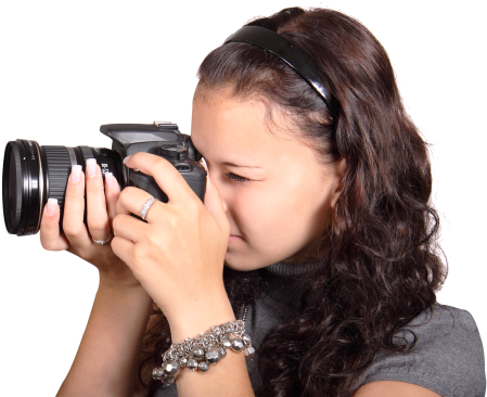 Young Charming Woman Taking Photo With Digital Camera - Still Camera Girl Png (500x382), Png Download