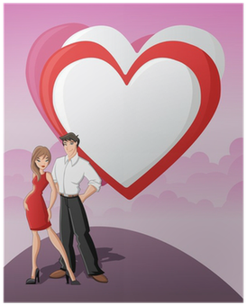 Cartoon Young Love Couple With A Big Red Heart Poster - Cartoon (400x400), Png Download