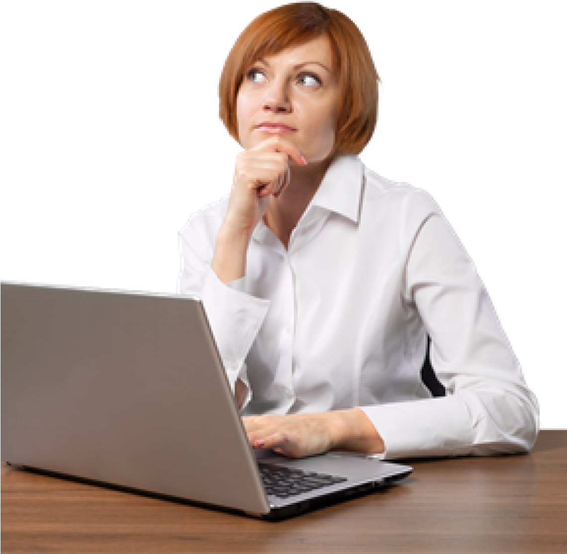 Woman On Laptop, Thinking With Hand On Chin - Sitting (1140x1140), Png Download