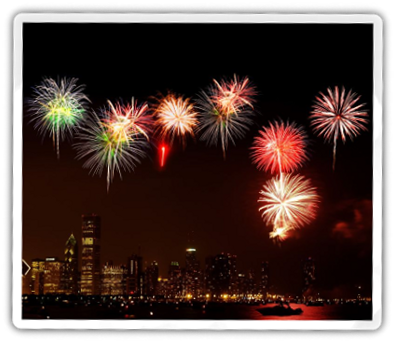 Navy Pier Fireworks Tour - Chicago Skyline At Night (400x347), Png Download